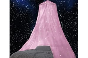 BCBYou Bed Canopy Mosquito Net with Fluorescent Stars Glow in Dark for Baby, Kids, and Adults, for Cover The Baby Crib, Kid Bed, Girls Bed Or Full Size Bed (Pink)
