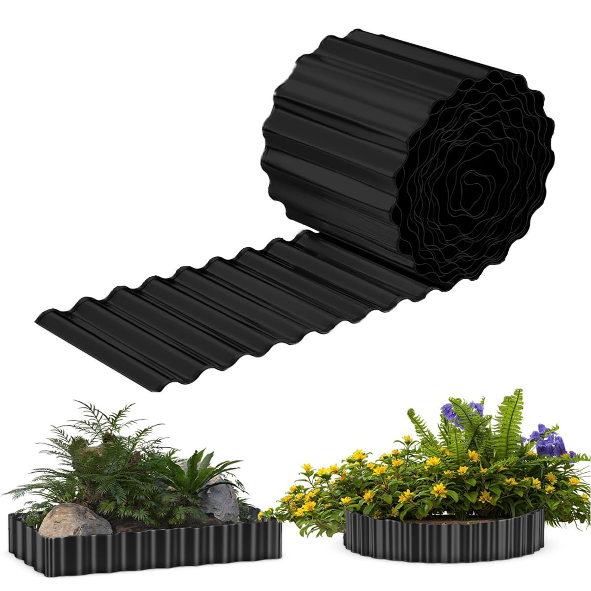 8 IN x 20 FT Metal Lawn Edging Borders,Corrugated Galvanized Garden Edging Border,Landscape Edging,Flexible Long Strips DIY Edging for Vegetables Raised Bed, Flower Tree Surrounds -Black