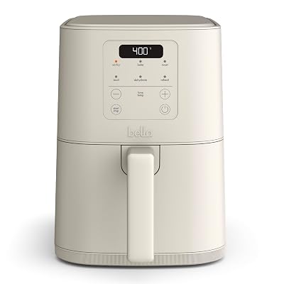 bella 4Qt Slim Air Fryer, Fits-anywhere™ Kitchenware, EverGood™ Ceramic Nonstick Coating, Adjustable Temperature, 6 Preset Cooking Options, 60 Min Auto Shutoff w Audible Tone, 3.3lb Capacity, Oatmilk