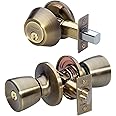 Master Lock Keyed Entry Door Lock, Single Cylinder Deadbolt with matching Tulip Style Knob, Antique Brass, TUCO0605,Combo