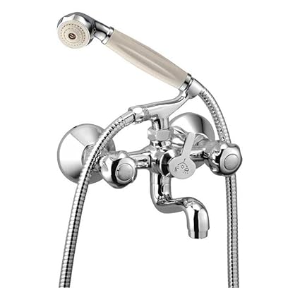 Oleanna Moon Brass Telephonic Wall Mixer with Crutch and Hand Shower Set Included (Rising Fitting | Quarter Turn | Form Flow) Chrome