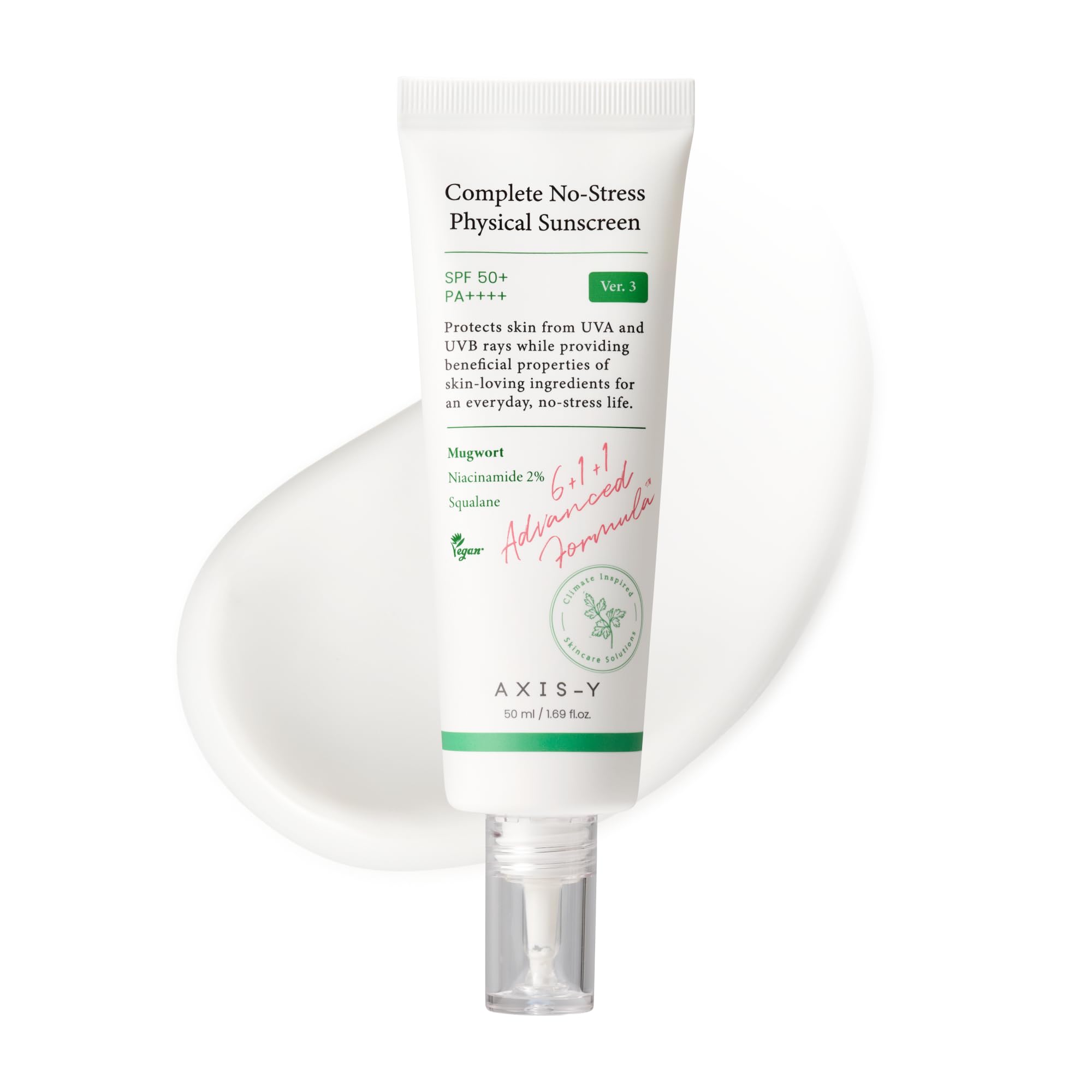 AXIS-Y Complete No-Stress Physical Sunscreen V3 - SPF 50 Face Moisturiser Mineral Sun Cream - Hydrating, Glowing, No White Cast - Vegan Korean Skincare SPF Moisturiser - 50ml/1.69 fl. oz.