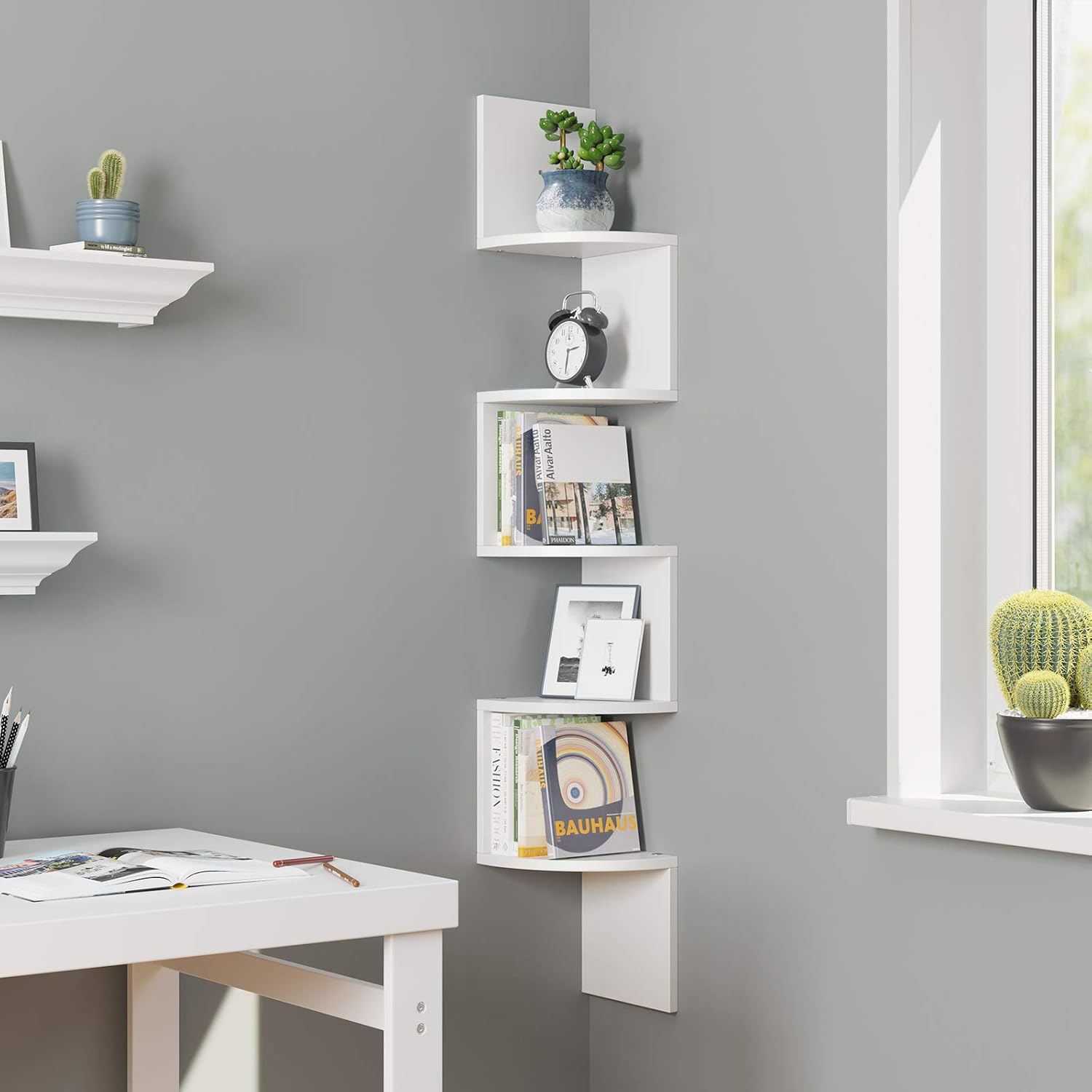 VASAGLE Corner Shelf, 5-Tier Floating Wall Shelf with Zigzag Design, Bookshelf, White ULBC72WT: Kitchen & Dining