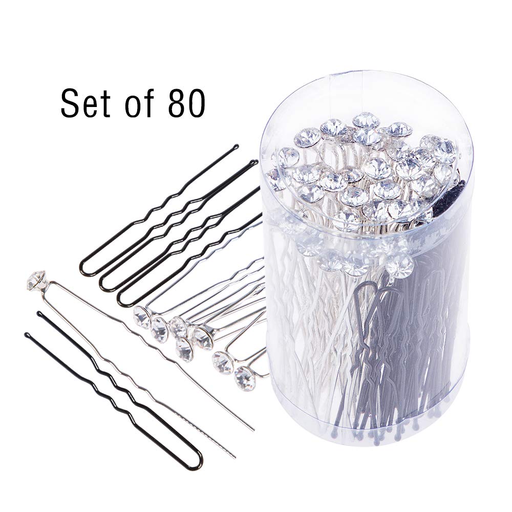 80 Pack White Crystal Rhinestone Hair Pins & U Shape Hairpins, findTop Wedding Hair Clips Professional Hairdressing Grip Clip with Storage Bottle (40 Pcs Crystal Pins & 40 Pcs U Shape Pins)