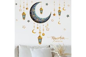 DUFTGU Ramadan Wall Decor Stickers Islamic Muslim Wall Stickers Eid Mubarak Wall Decals Lantern Moon Star Window Clings for Home Wall Living Room Bedroom Décor Wallpaper (Dark Blue)