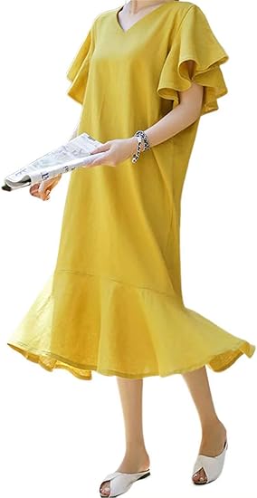 Amazon Ecrisdoo ワンピース ドレス レディース 春夏 マキシ丈 綿 麻 きれいめ Vネック フレア 半袖 体型カバー 通勤 マタニティー カジュアル ナチュラル ワンピース チュニック 通販