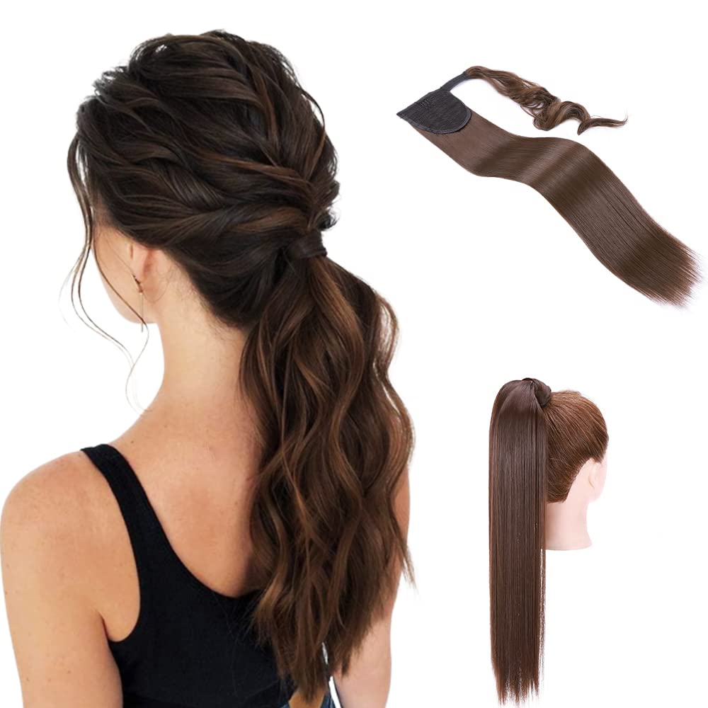 S-noilite® Trendy 23"(58cm) Straight Wrap around Ponytail Clip in Hair Extension Strap Pony Tail Long Popluar Style Medium Brown