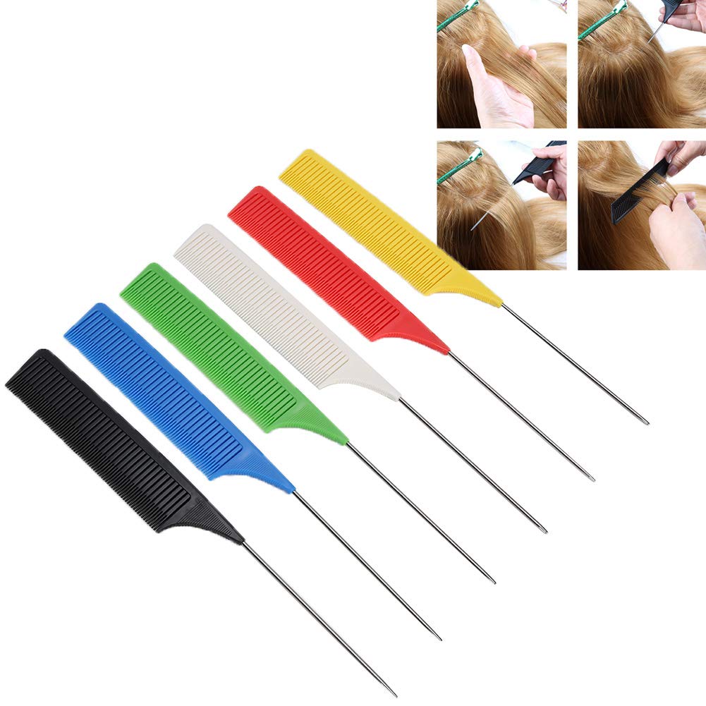 6 Packs Tail Comb, Carbon Fiber Teasing Combs with Stainless Steel Pintail, Heat Resistant Teasing Comb for for Hair Styling Parting Back Combing and Hair Coloring