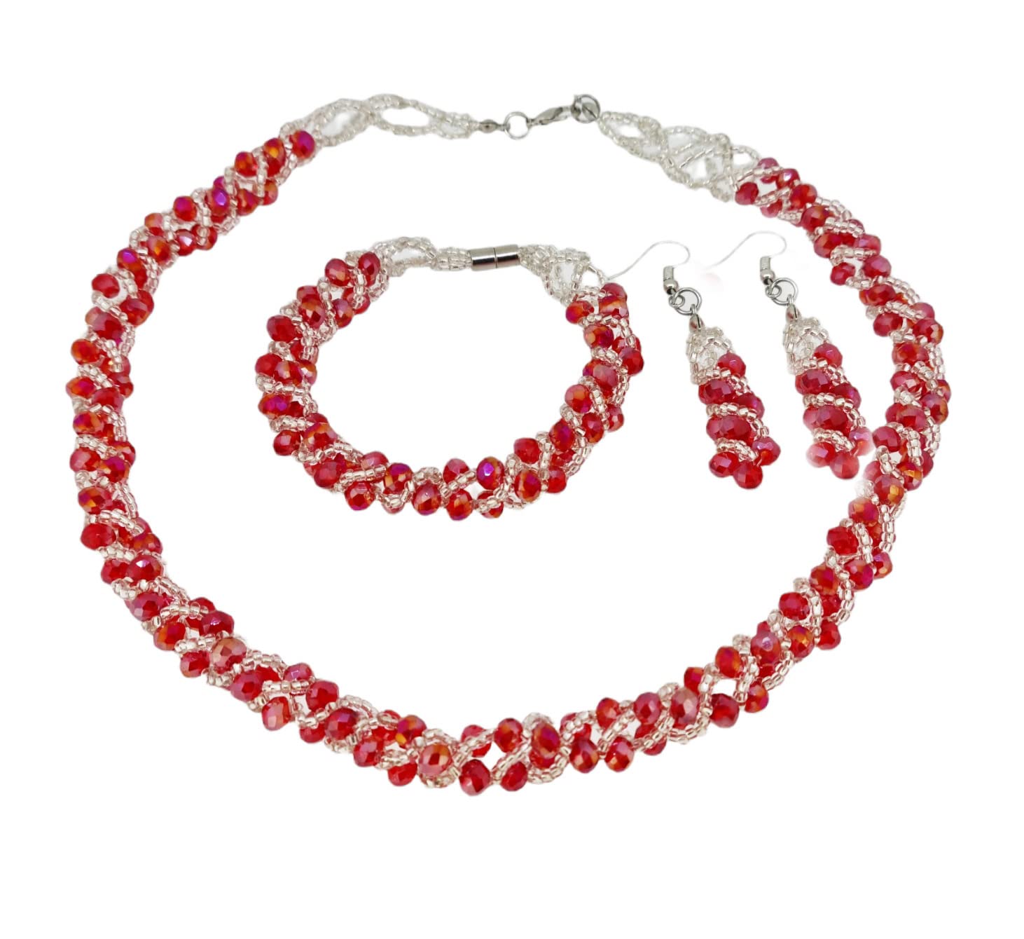 Treasure Bay Women's Crystal Beaded Necklace Set | Chunky Statement manmade Crystal Beaded Necklace, Bracelet and Earring Jewellery Set For Women Girls (Red)