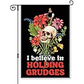 Gkodw I Believe In Holding Grudges Garden Flag, Funny Floral Skull Halloween Yard Sign for Outside, Sarcastic Skeleton Halloween Decor for Ourdoor Lawn Porch, Inclusive Equality Liberal Fall Banner