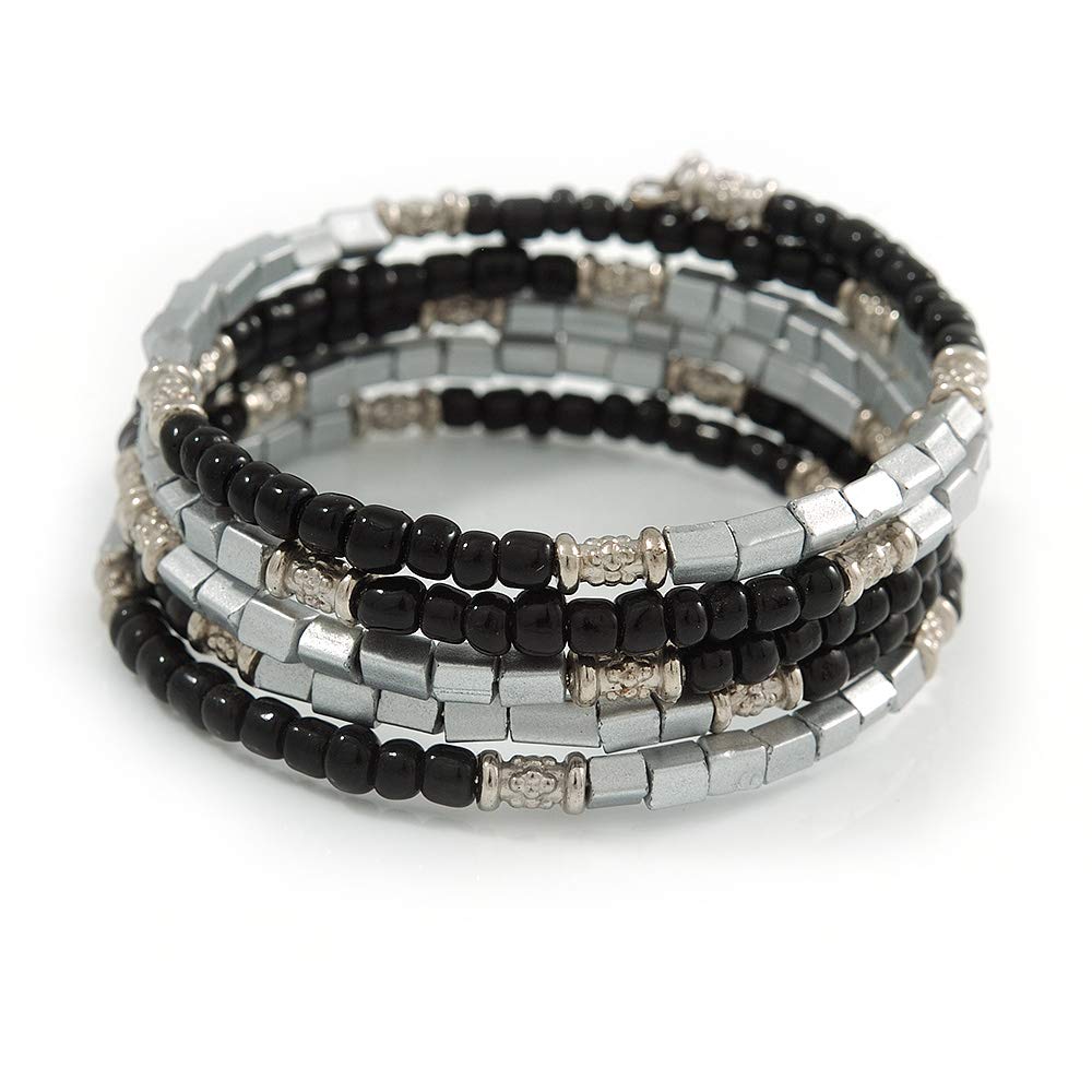 Avalaya Black Glass Silver Acrylic Bead Multistrand Coiled Flex Bracelet Bangle - Adjustable