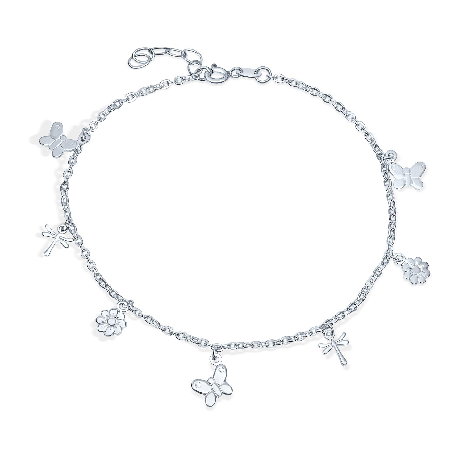 Bling Jewelry Nature Garden Multi Dangle Charm Butterfly Anklet Foot Ankle Bracelet For Women Teens .925 Sterling Silver Adjustable 9 To 10 Inch