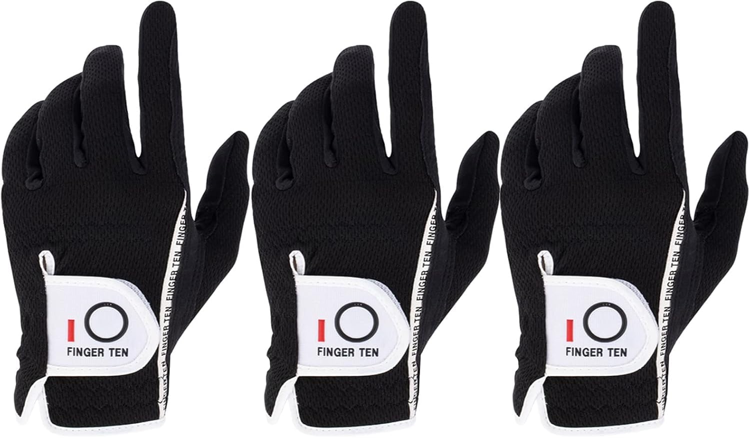 FINGER TEN Golf Glove Men Left Hand Right Rain Grip Value 3 Pack, Mens Golf Gloves Weathersof All Weather Hot Wet Fit Size Small Medium ML Large XL White (Black, M, Worn on Left Hand)…