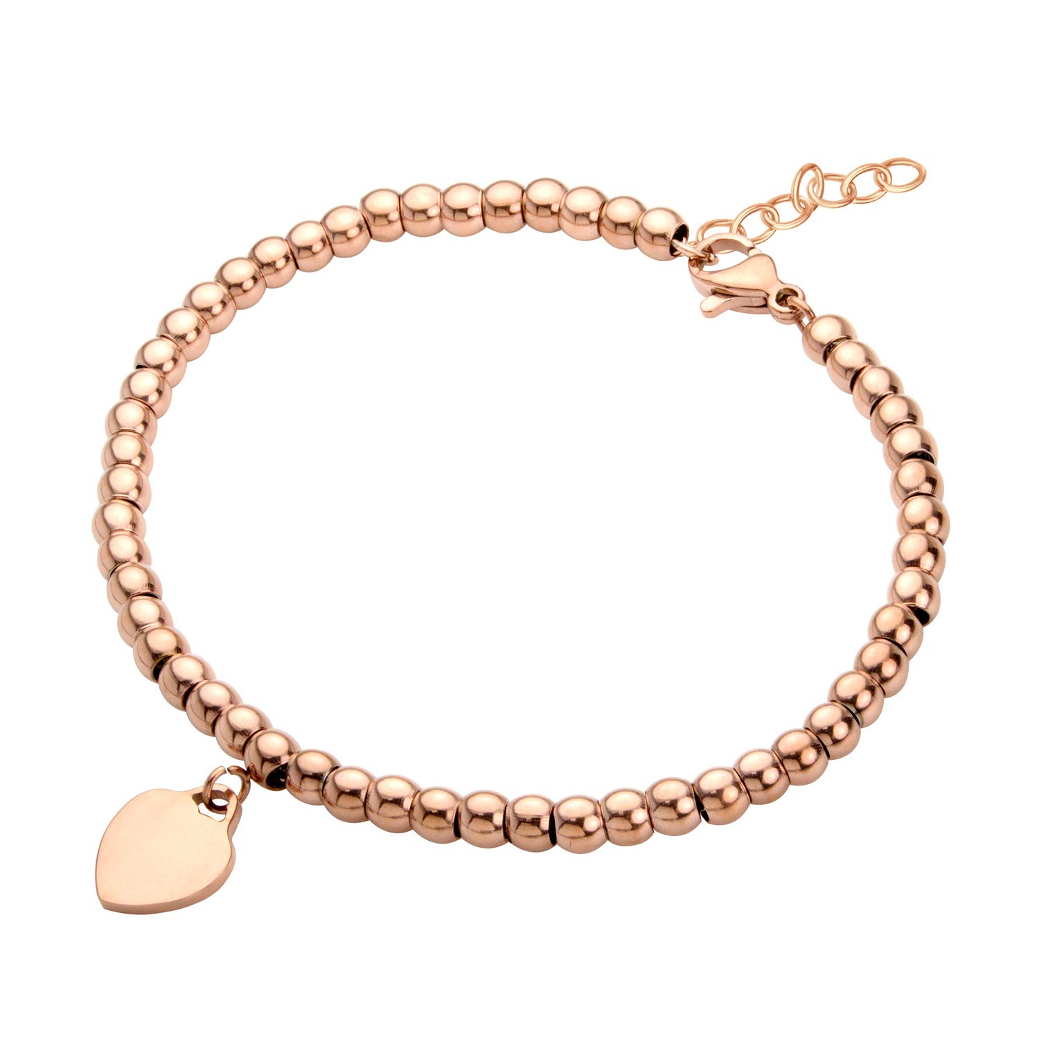 555Jewelry Womens Stainless Steel Metal Love Heart Pendant Charm Beaded Ball Delicate Adjustable Delicate Cute Fashion Girls Gift Bangle Accessory Jewelry Link Bracelet, Rose Gold