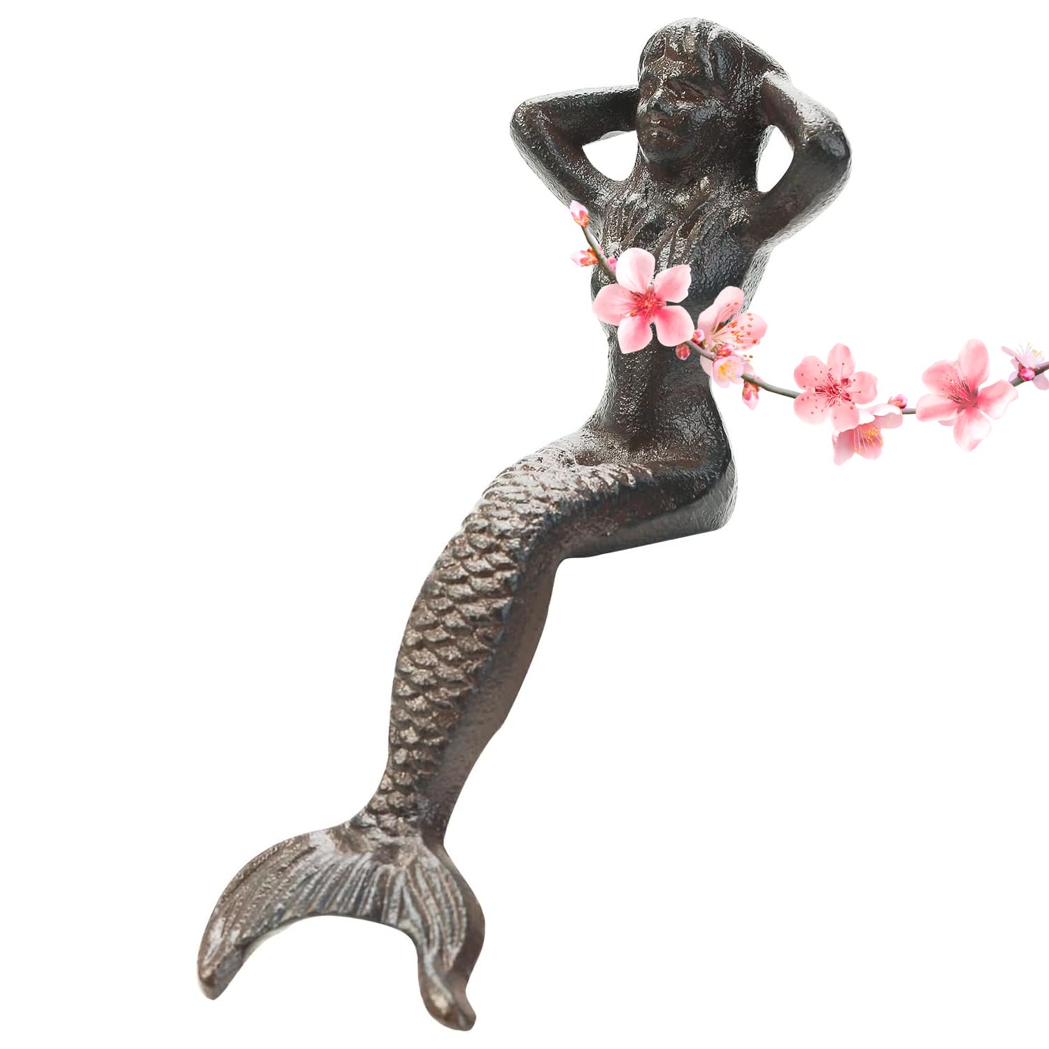 Sungmor Heavy Duty Cast Iron Mermaid Statue - 26CM Tall Sitting Mermaid Figure Ornament - Great Home & Garden Sculpture for Decorate Swimming Pool/Pond/Planter Stands/Book Shelf/Corner Table