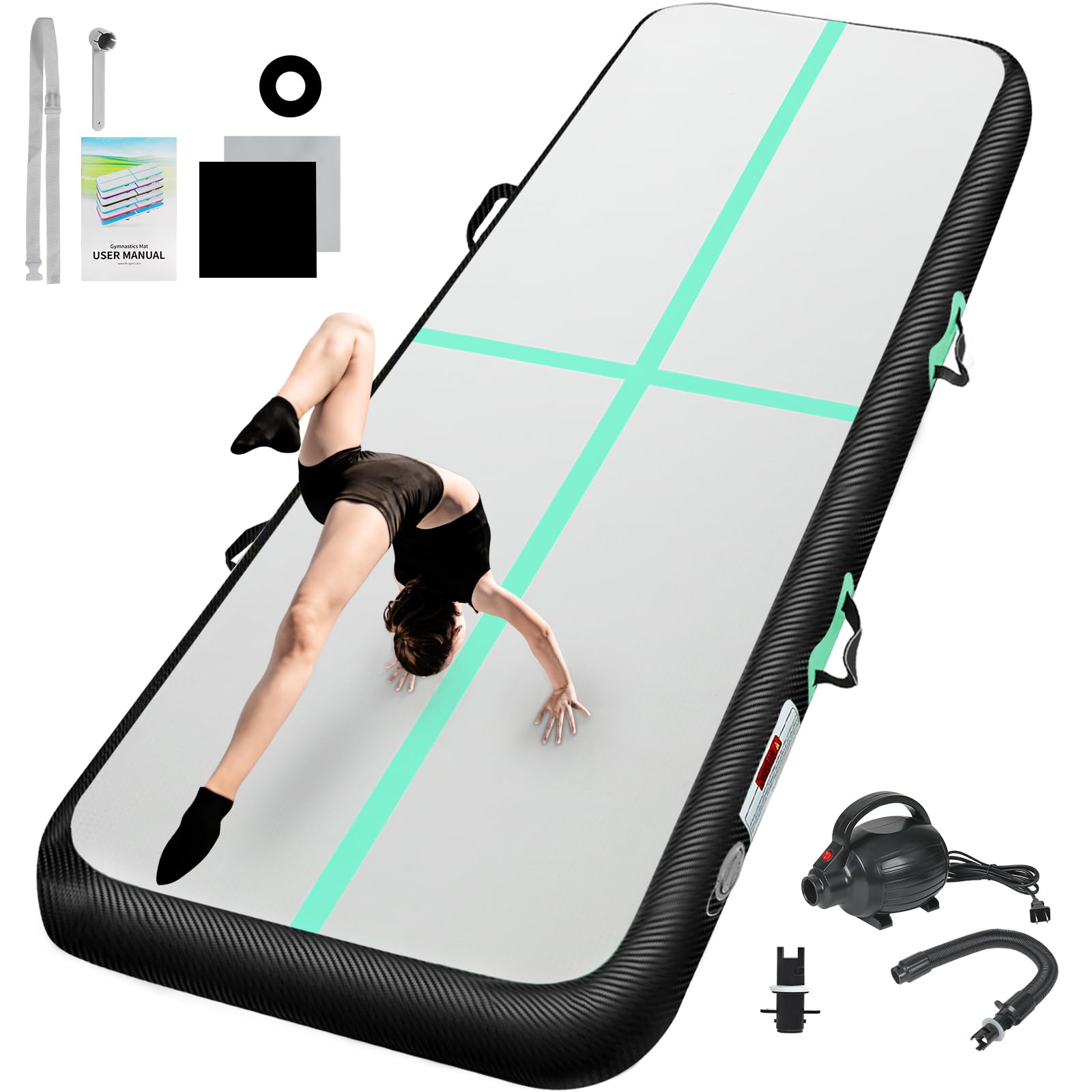 Photo 1 of Inflatable Gymnastics Mat 10ft/13ft/16ft/20ft/ Air Tumbling Track Mats 4/8 inches Thick for Home Use/Training/Cheerleading/Yoga/Water with Pump 16.6ft x 5ft x 6inch Green Black