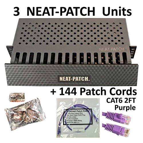 Neat Patch Cable Manager (3 Units) w/ 144 CAT6 Patch Cables (2FT Purple)