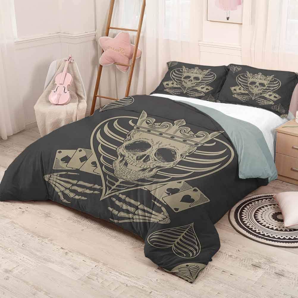 HELLOLEON Skull Extra Large Quilt Cover Vector Skull Poker Cards Play Game Scary Horror Image with Crown and Heart Can be Used as a Quilt Cover-Lightweight (King) Dark Grey Tan Beige