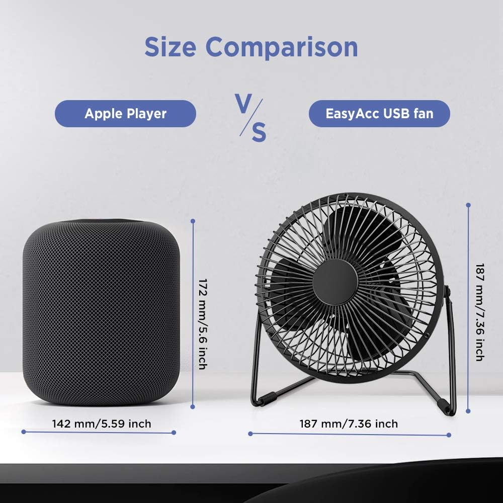 EasyAcc 6 Inch Desktop Table Fan (USB POWERED ONLY) USB Desk Fan with 2 Setting Portable Mini USB Fan for Metal Design Quiet Operation 360° Rotation Personal Cooling Fan for Home Office Desktop-Black: Home & Kitchen