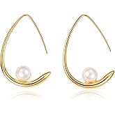 Teardrop Earrings for Women, 18k Gold Plated Dangle Drop Earrings, Pearl Earrings for Women, Lightweight Chunky Open Hoops, Trendy Gold Hoop Earrings, High Polished Jewelry