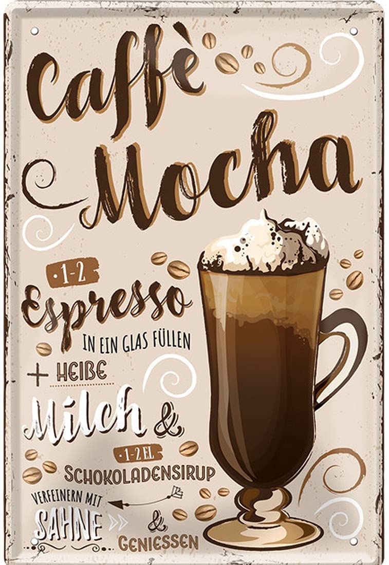 Coffee Varieties Preparation Recipe Retro Decorative Tin Sign Coffee Bar Bistro Restaurant (20 x 30 cm, Cafee Mocha - Coffee Milk Chocolate Syrup Cream 2272)