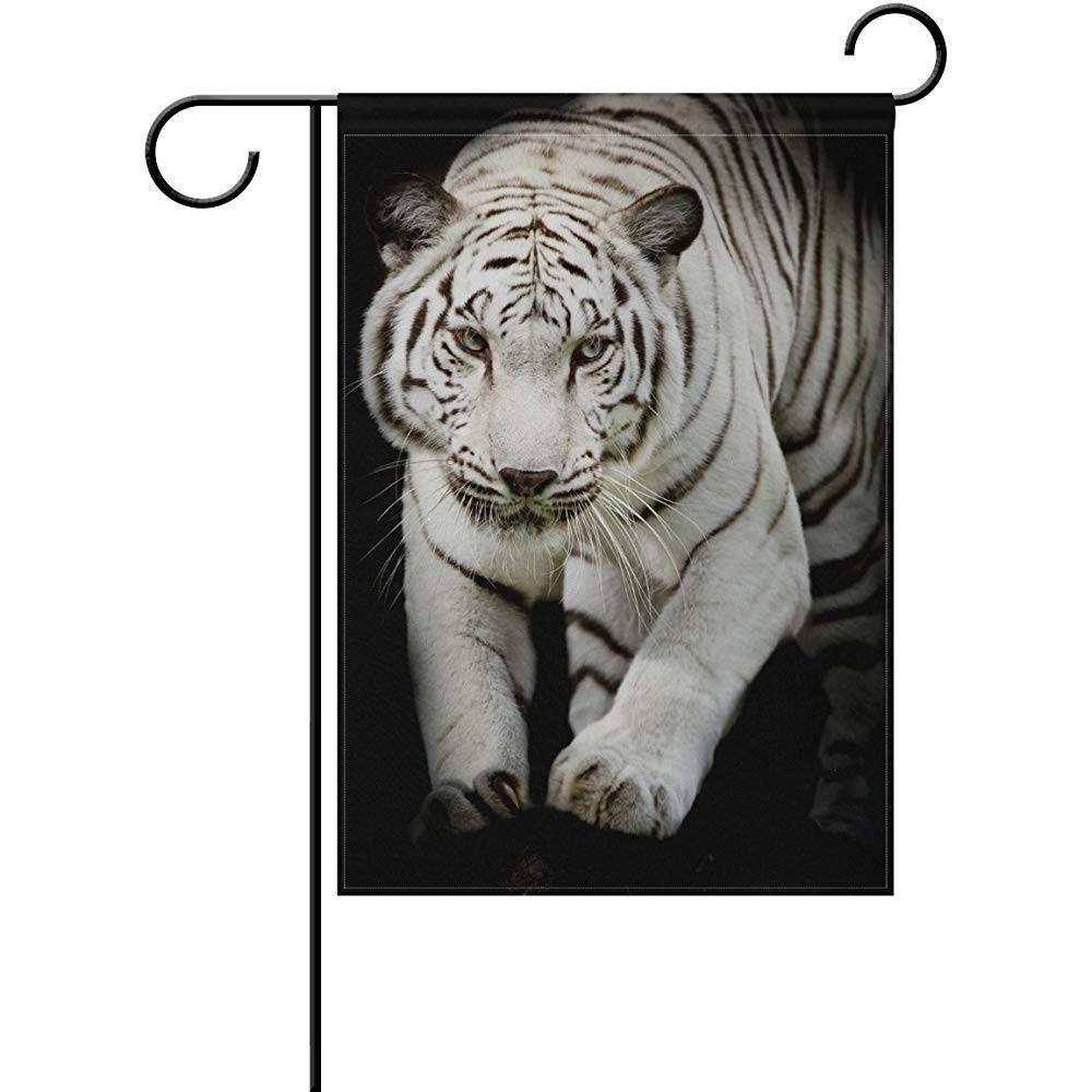 Archiba White Tiger Jumping On Black Background Garden Flag Banner