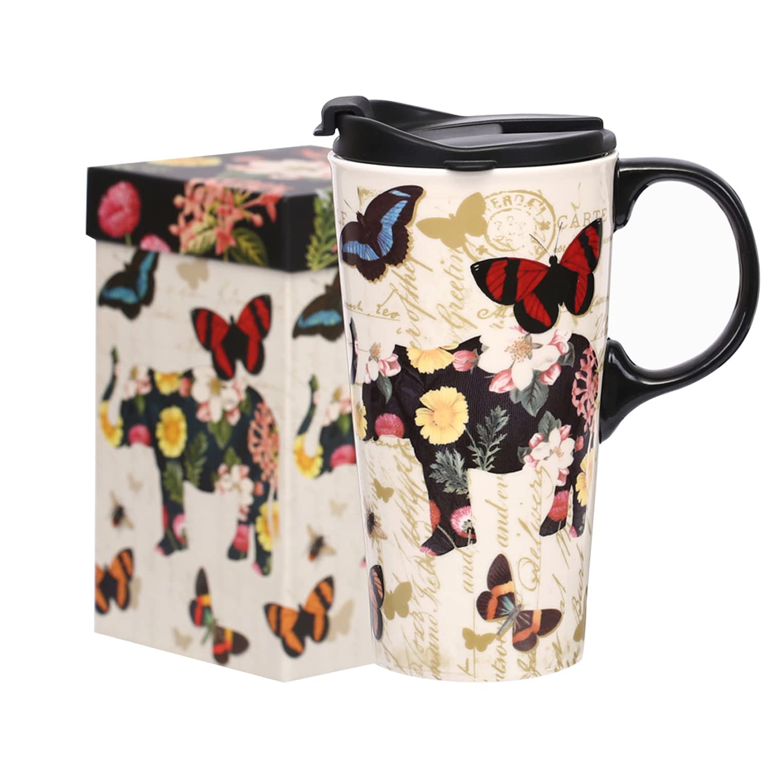 DUSVALLY Ceramic Mug Coffee Mug Tall Ceramic Travel Mug with Lid and Gift Box 17oz.Butterfly