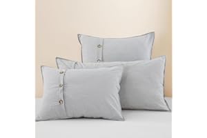 DAUAOTO King Size Washed Cotton Shams Button Closure, Pillowcases 2 Pieces Set 20"x36", Reverse to Yarn-Dyed Stripe, Gray