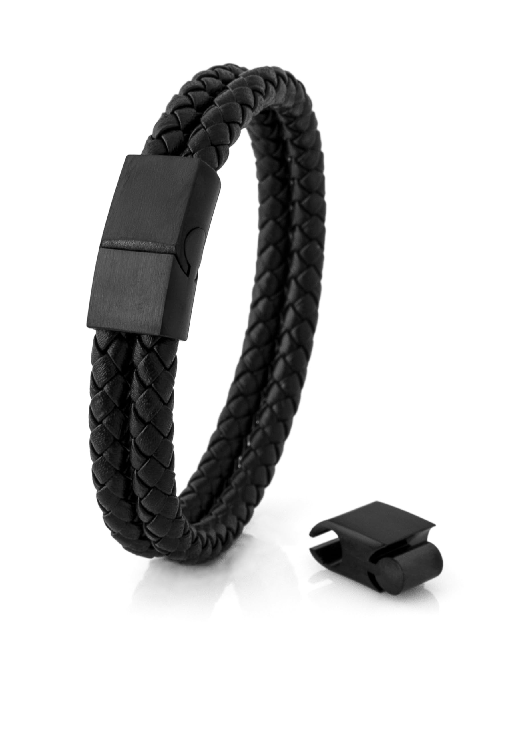 Akitsune Simplicitas Leather Bracelet | Magnetic Link Bangle Trinket Premium Women Men Braided Handmade Bracelet - Matte Black 21cm