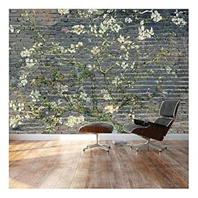 "Almond Blossom by Vincent Van Gogh - Floral Painting on a Smokey Brick Textured Background - Wall Mural, Removable Sticker, Home Decor - 66x96 inches