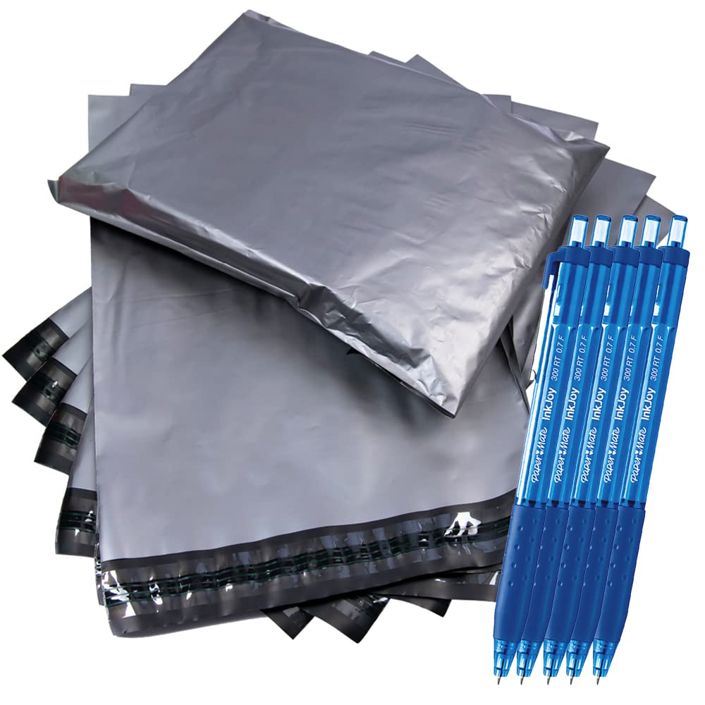 Postage Bags for Clothes x100 Large Self Seal Poly Parcel Mailing Bags for Posting & Shipping Grey (14 x 21 inch) - Plus 5 Blue Ink Ballpoint Pens