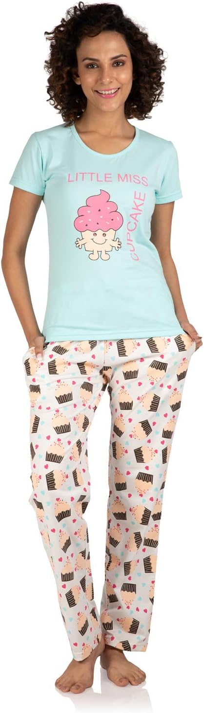 NITE FLITE Women Cupcake Print Cotton Nightwear | Top and Pyjama Set