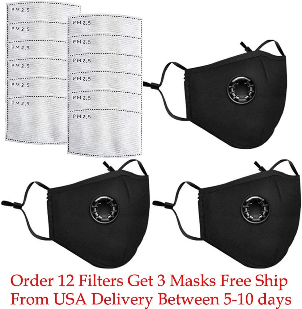 12 Pcs PM2.5 Activated Carbon Filter for Breathing Insert Protective mask Anti Pollution Washable Cotton for adult Outdoor Activities (Black)