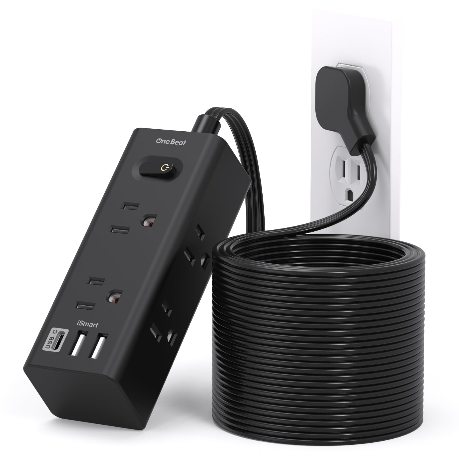 25Ft Extension Cord with Multiple Outlets, Flat Plug Power Strip Surge Protector with 25 Ft Long Cord, 6 Outlet 3 USB Ports (1 USB C), Multi Outlet Wall Plug for Travel, College, Dorm Essentials-Black Image