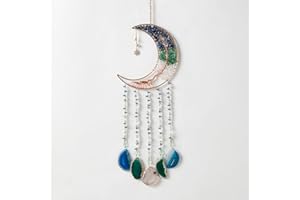 PRETTY JOLLY Agate Gemstone Dream Catcher 7 Chakra Tree of Life Dream Catcher with Rainbow Crystal Stones Handmade Dreamcatcher Wall Decor for Adults Boys Girls,Bedroom,Wedding,Garden,Bless Gift(Blue&Green Moon)