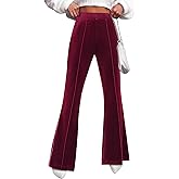 GRAPENT Flare Velvet Pants for Women High Waisted Wide Leg Stretch Elastic Waist Pull On Trousers Front Seam Slacks