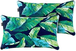 Magpie Fabrics Patio Lumbar Pillow Covers ONLY 20"x12", Set of 2, Outdoor Indoor Cushion Cases Decorative Throw Rectangular Pillowcase Shell for Couch Garden - Green Lagoon Leaves
