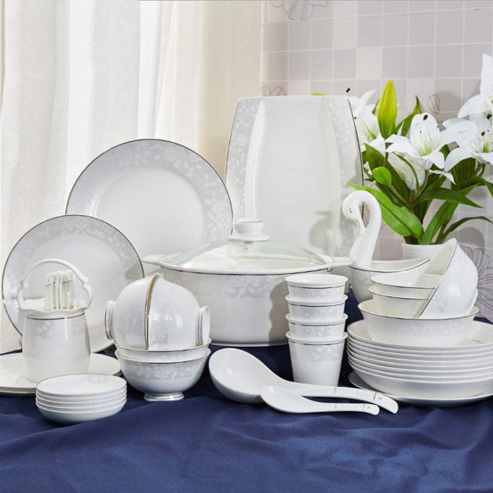 YLee Bone china dinnerware set,54 Pieces of Sycamore flower bone china Tableware,Silver Embossed texture Chinese quality bone china porcelain