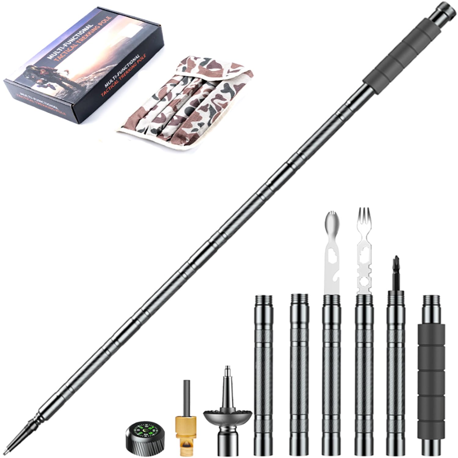 Photo 1 of Trekking Pole Tactical Walking Stick, Multifunctional Lightweight Aircraft Aluminum Collapsible Survival Hiking Pole with Canvas Storage Bag for Women Men Seniors Camping Backpacking