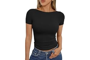 Trendy Queen Womens Boat Neck Tops Short Sleeve T-Shirts Slim Fitted Compression Summer Y2k Basic Clothes 2025