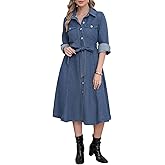 utcoco Denim Dress for Women 2025 Casual Belted Long Sleeve Button Down Midi Jean Dresses with Pockets