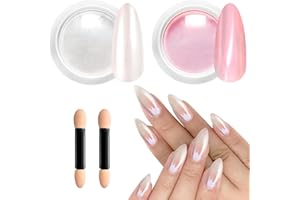 Pearl Chrome Nail Powder BISHENGYF -【Fairy Effect】Pink Chrome Nail Powder White Pearlesent Aurora Mermaid Iridescent Nail Chrome Powder, Metallic Mirror Glitter Pigment Dust For Nail Art DIY 2PCS