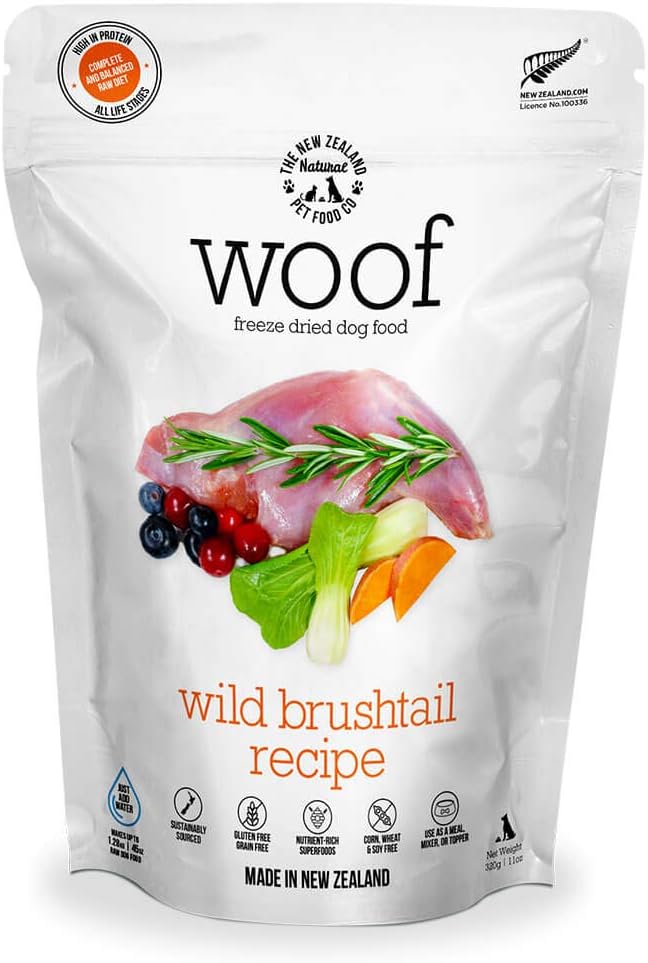 The New Zealand Natural Pet Food Co. WOOF Wild Brushtail Freeze Dried Raw Dog Food, Topper, or Treat - High Protein, Natural, Limited Ingredient Recipe 11 oz, Brown (NZ-WFD320B)