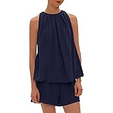Beaully Linen Short Sets 2 Piece for Women Summer Casual Sleeveless Halter Neck Tops And Shorts Set Travel Outfits