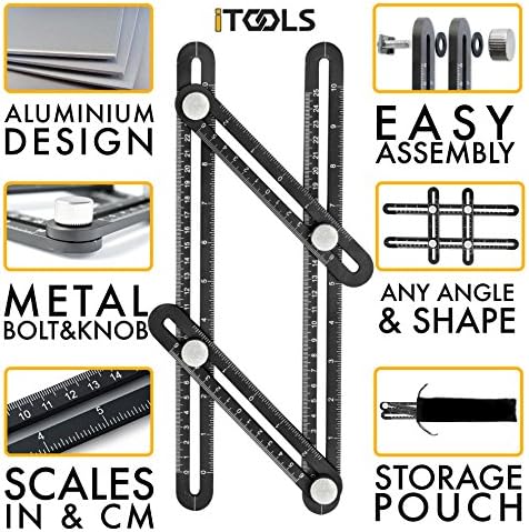 iTools Multi Angle Template Tool - Premium Aluminum Alloy Angle-izer Measuring Ruler Layout Multi-angle Tool with Metal Knobs and Bolts - Perfect for Tiling, Flooring, Brick Laying, Deck Building