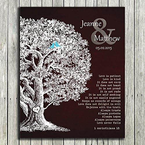 Personalized Gift Family Tree Anniversary Plaque 1 Corinthians 13 Carved Initials Love is Patient Oak Tree Brown Background - 8x10 Unframed Paper Art Print