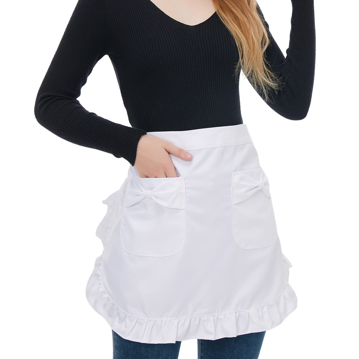 Love Potato Waist Apron with Pockets, Fashion Kitchen Cooking Restaurant Bistro Half Aprons for Girl Woman (White)