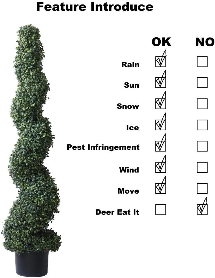 48''T Artificial Topiary Tree Spiral Boxwood in Plastic Pot Indoor or Outdoor Use (1 PC Lush ) -