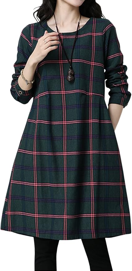 Amazon 春 ワンピース レディース 長袖 膝丈 ゆったり リネン コットン チェック柄 格子柄 3種類 M Xxl ワンピース チュニック 通販