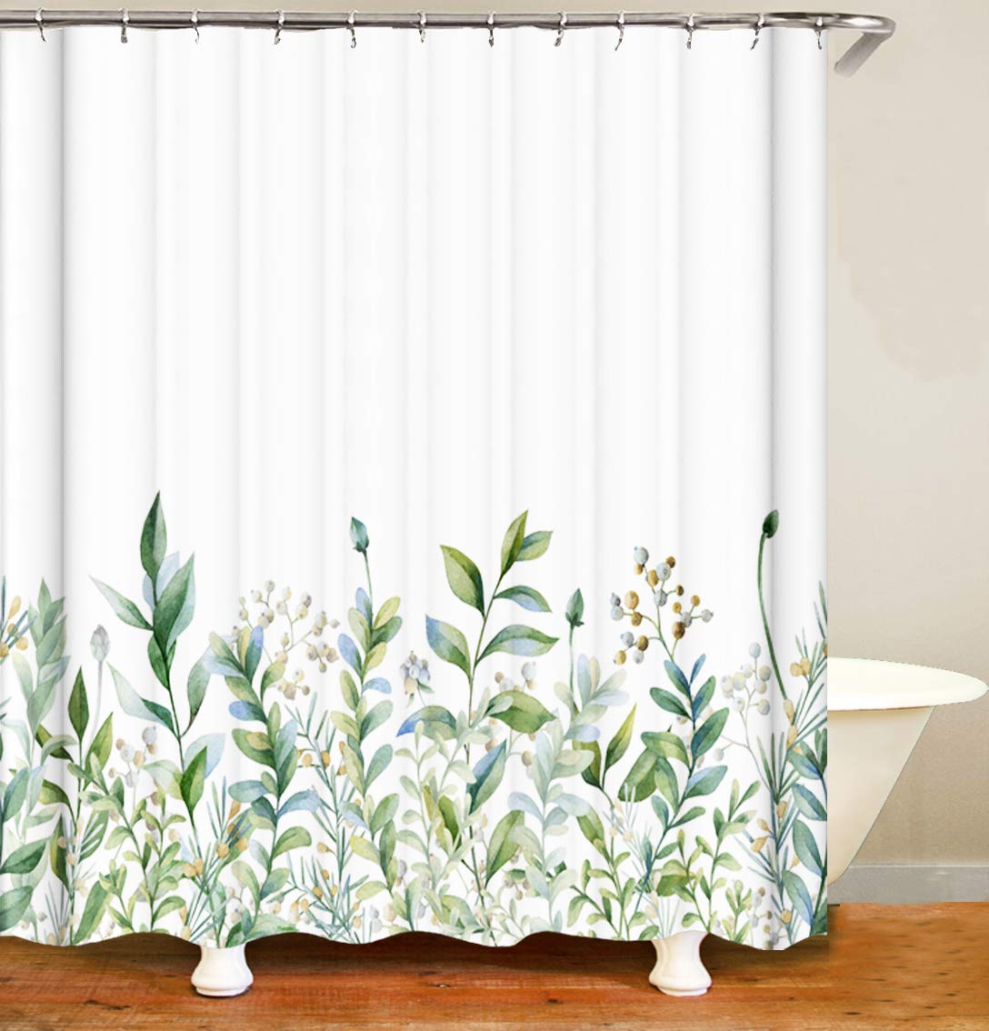 M&W DAS DESIGN Shower Curtain Green Yellow Plants Fabric Beige Flowers Washable Curtain Leaves Anti-Mould Effect Bath Including 12 C-Rings Weight Bottom 180 x 200 cm